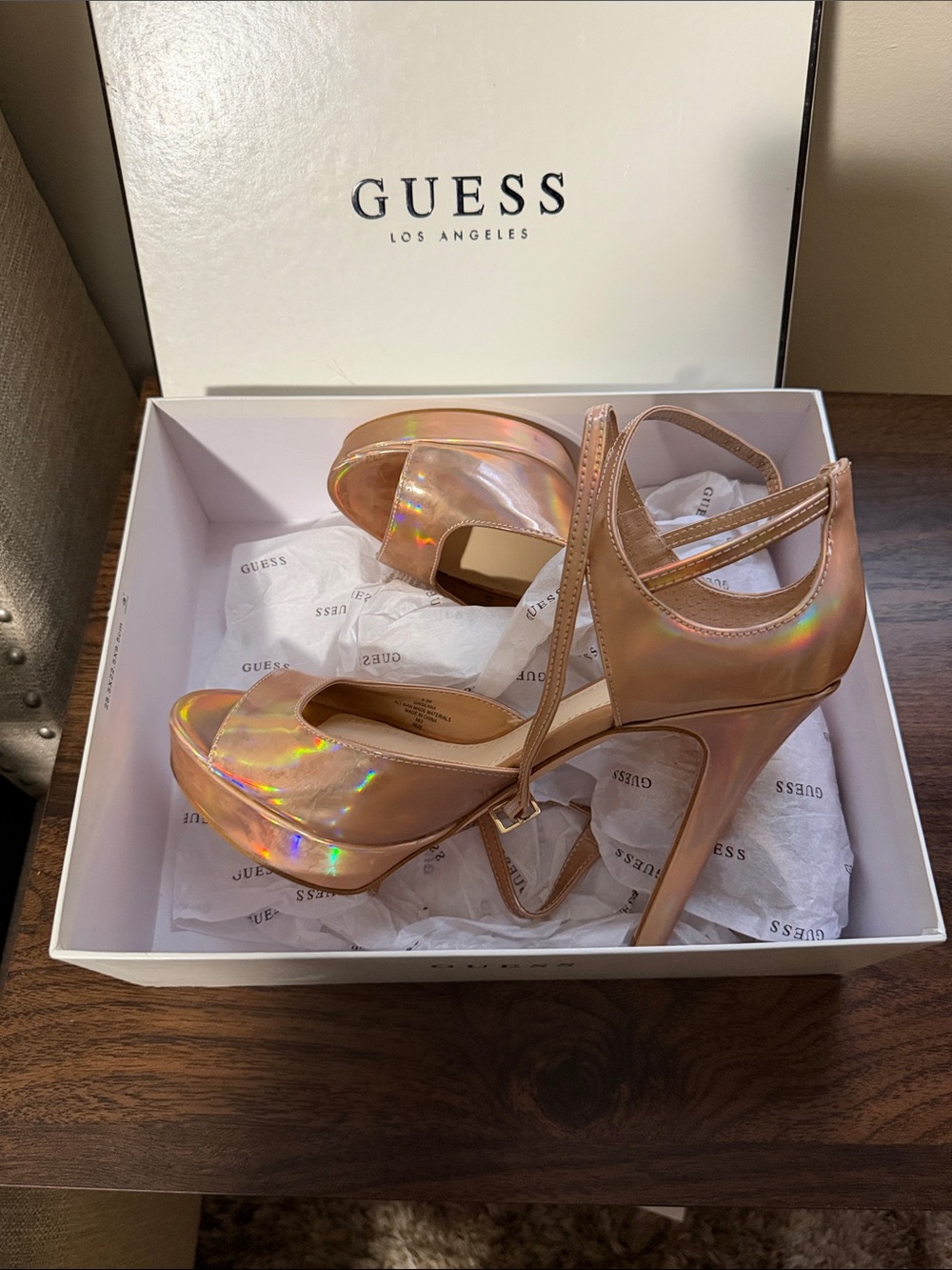 GUESS Iridescent Rose Gold Platform Stiletto Sandals